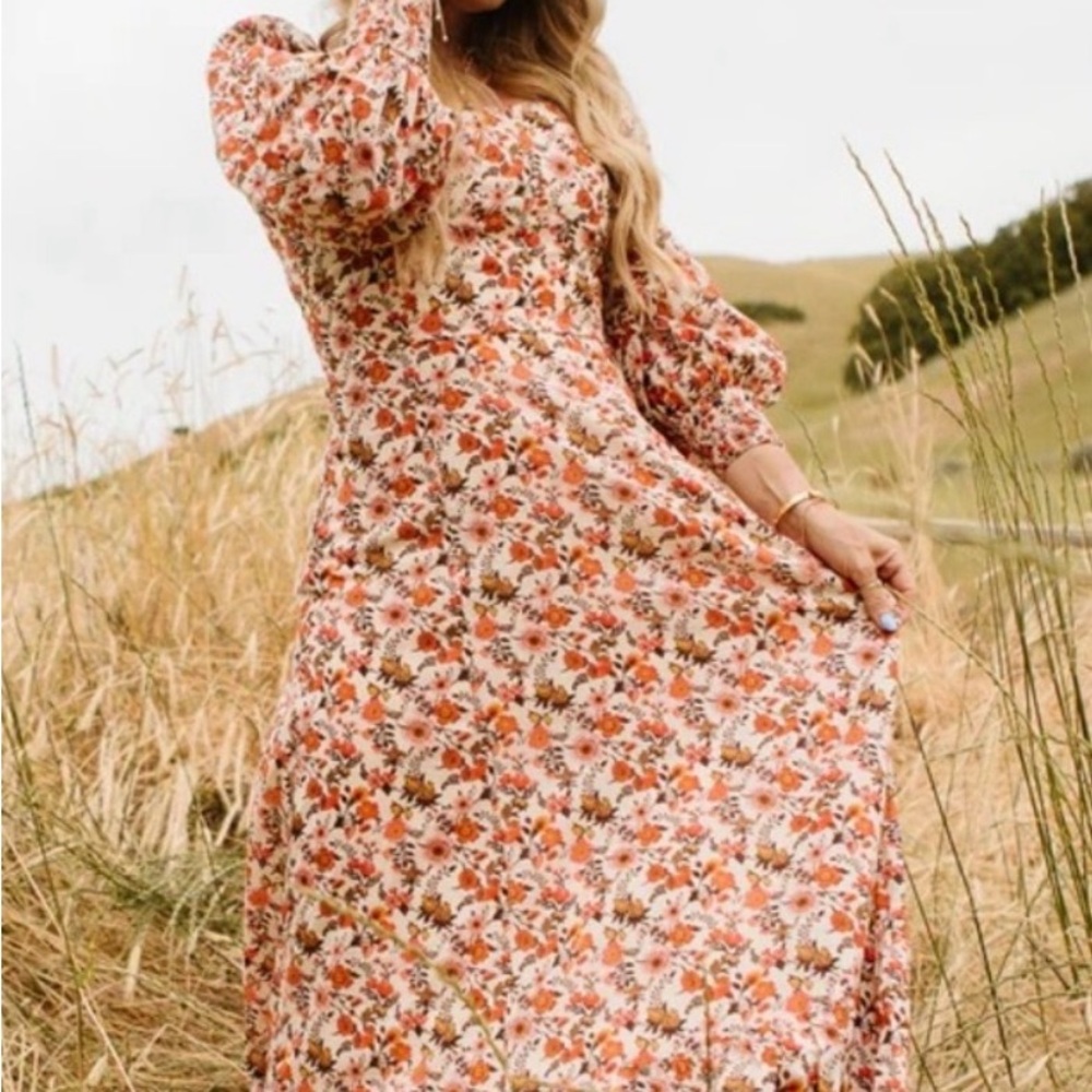 Ivy City Co Peach Floral Puff-Sleeve Maxi Dress